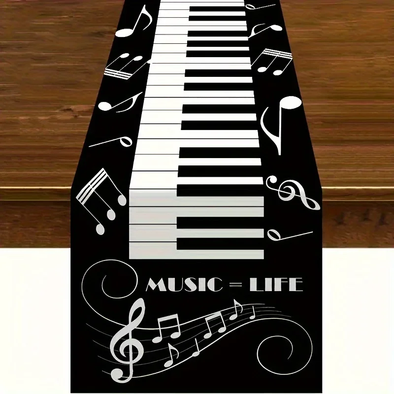 1Pc Piano Keys And Musical Notes Style Table Runner Black And White Piano Keyboard Music Notes Music Equals Life Print Table Cov
