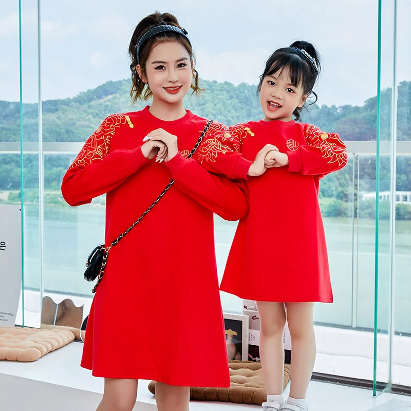 1-12 Years Girl Boy Brother Sister S-3XL Mom Dad Family Matching Outfits 2025 Chinese New Year Plus Velvet Red Sweatshirt Dress