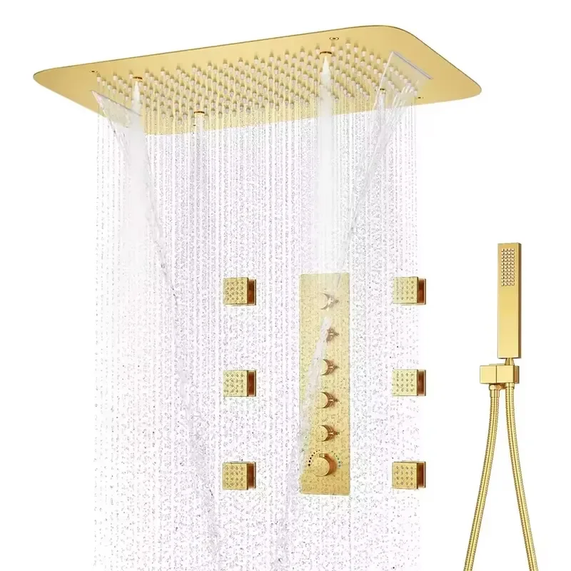 Polished Brass Rainfall Shower Head Thermostatic Wall Mount Brushed Gold Rain Shower Set Soft Jet Body Sprayer with Massage
