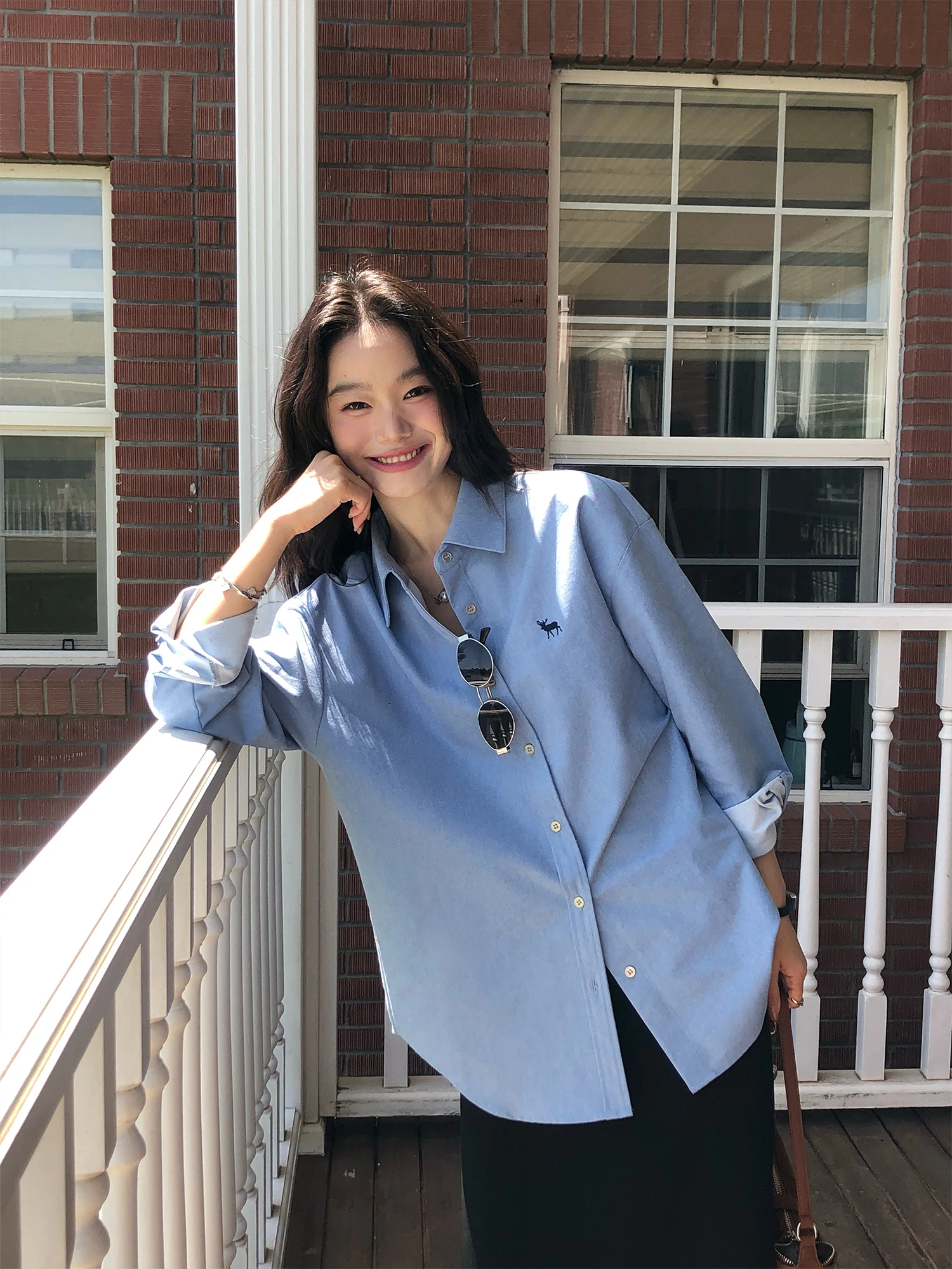 

Pusumede Blue Collar Embroidered Casual Loose Long Sve Denim irt Women's Cotton Polyester Blend Comfortable Breathable