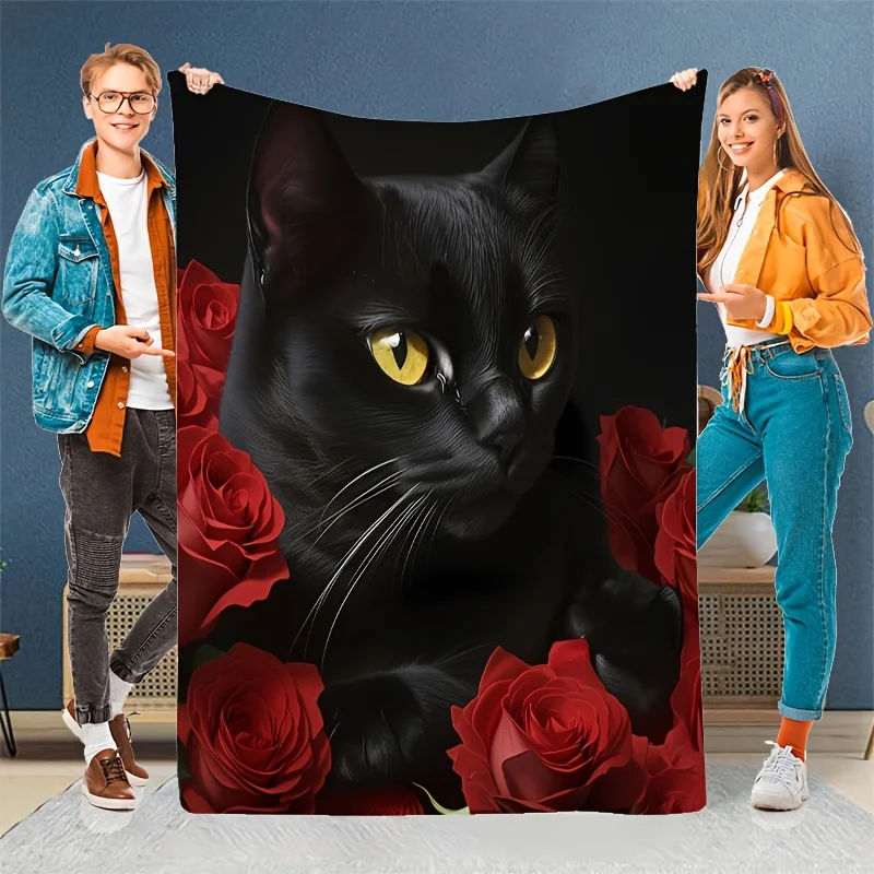 A Cozy Black Cat Themed Fleece Blanket with Romantic Red Rose Patterns, Soft And Warm, Making It a Perfect Gift for Holiday Memo