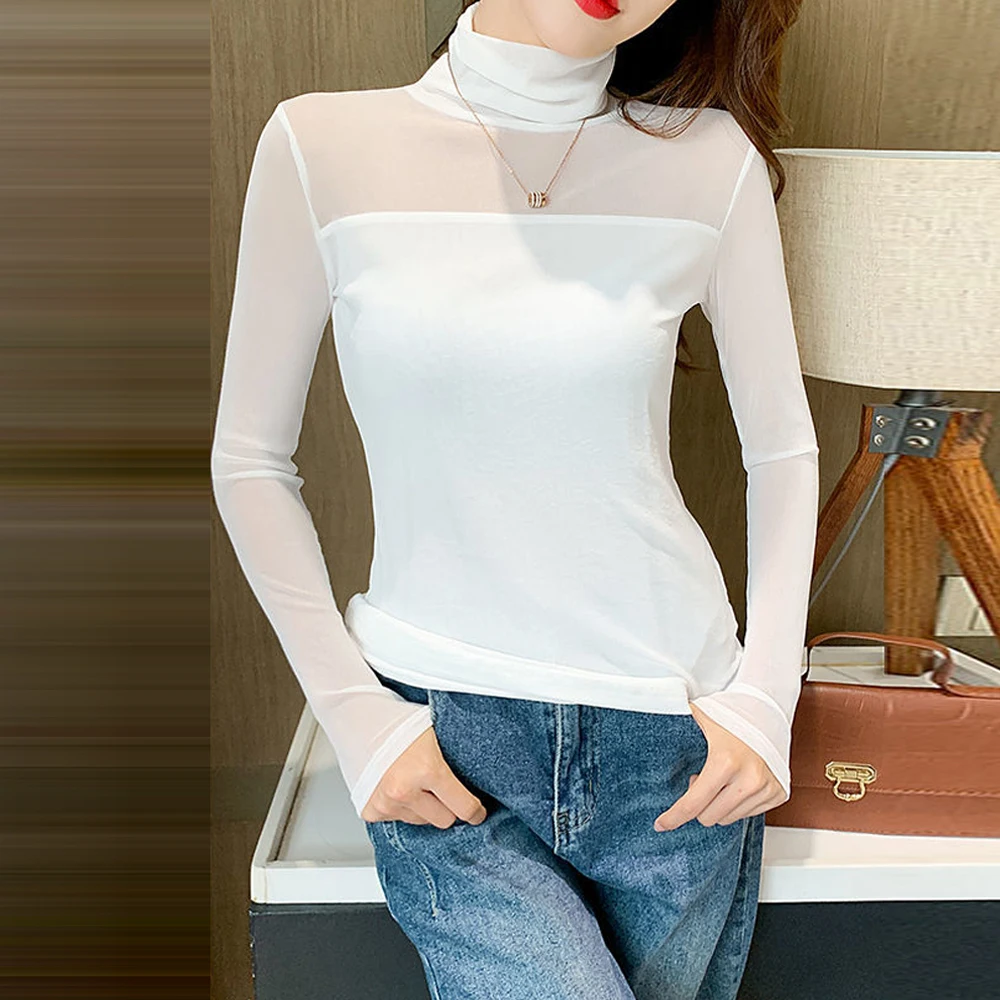 Women Slim Stretch Turtleneck Long Sleeve Shirt Ladies Tops Sheer Mesh Tees S-2XL Sizes Blue Green Black Female Blouses T Shirt