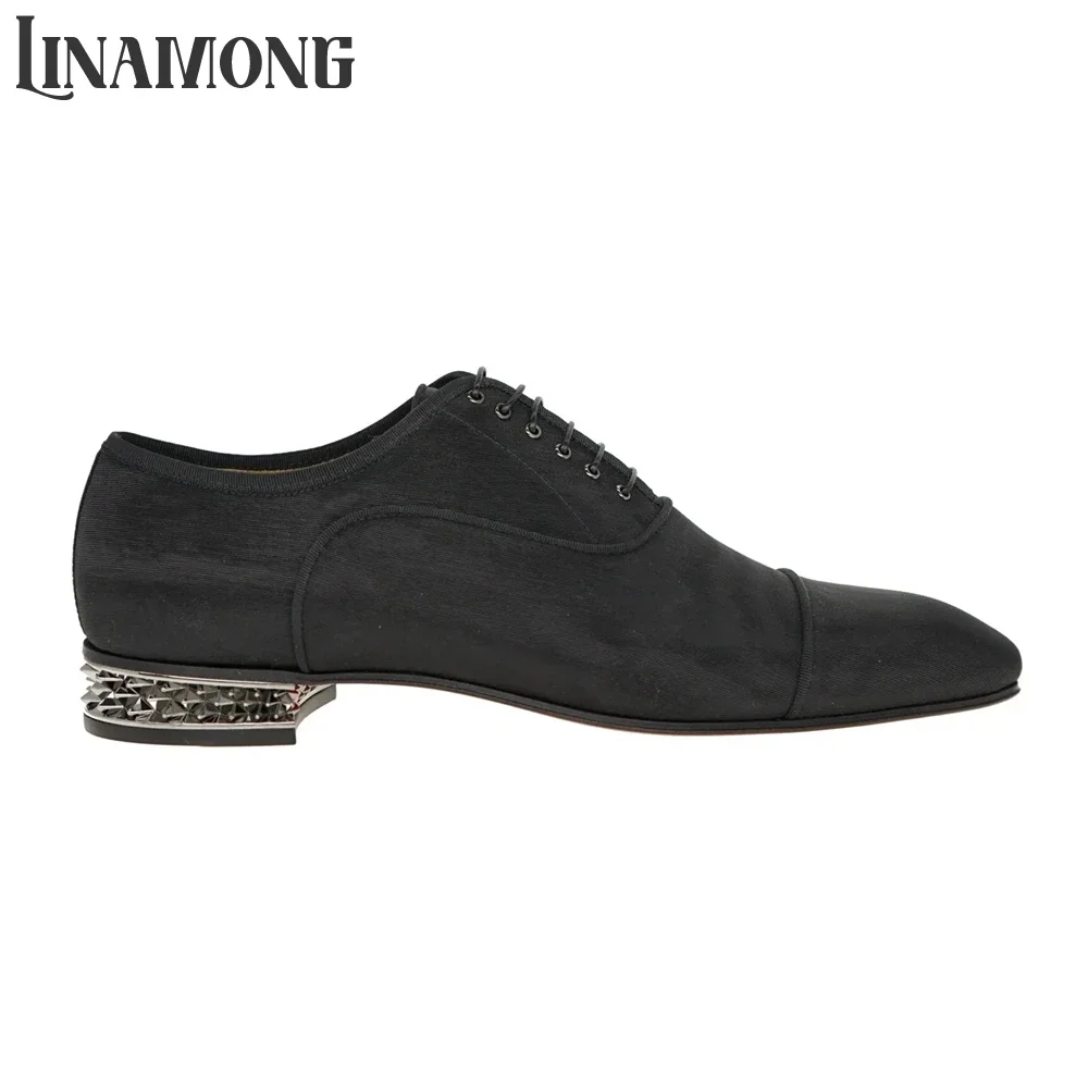 Black Satin Oxford Shoes Designer Style Studded Heel Lace-Up Shoes Concise Style Silver Tooth Heels Handmade Dress Shoes for Men