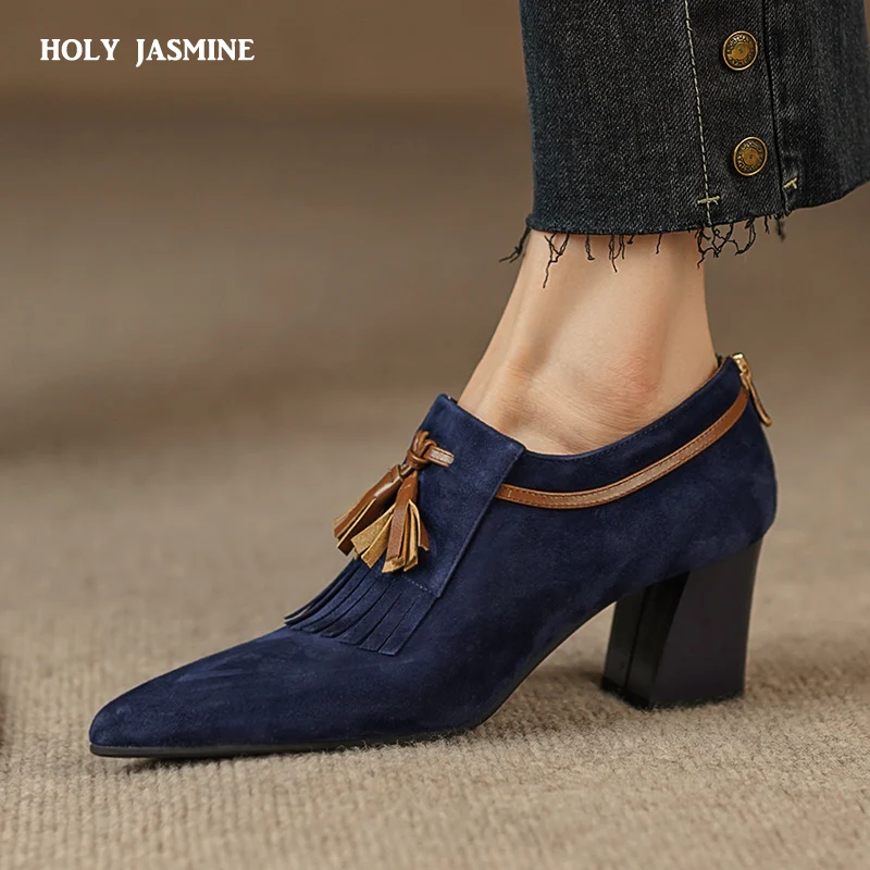 2023 Spring Women Shoes Pointed Toe Chunky Heel Women Pumps Sheep Suede High Heels Belt Buckle Shoes for Women zapatos de mujer