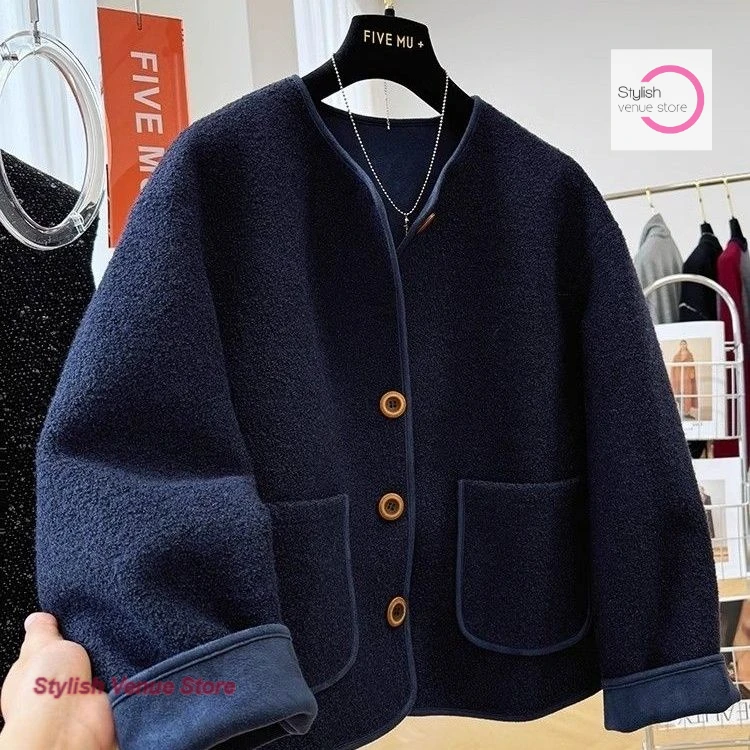 Korean advanced foreign fashion lambswool round neck short coat women's autumn and winter new fashion loose plus velvet coat