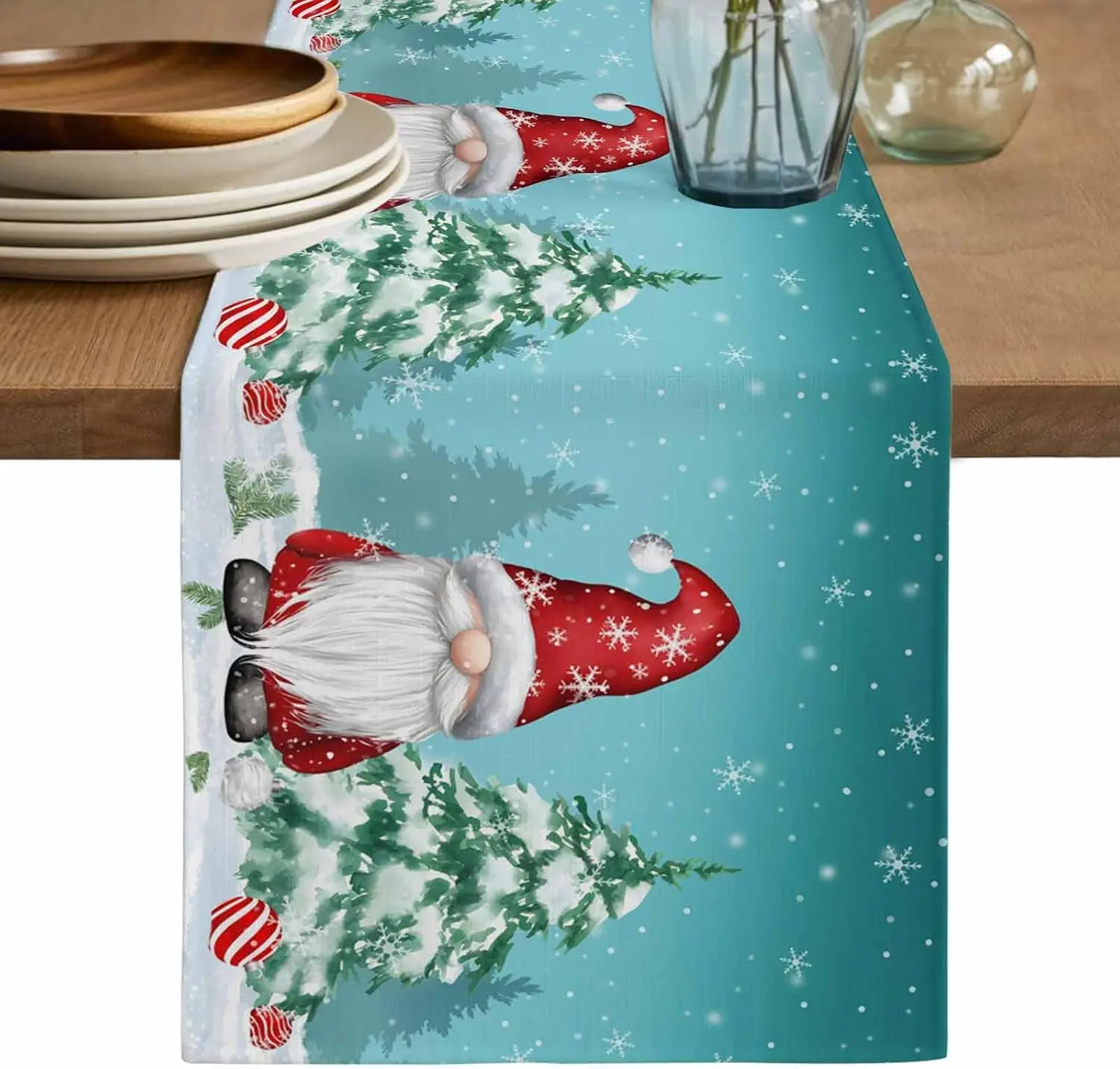 Christmas Teal Gnomes Xmas Tree Balls Table Runner Holiday Party Decor Reusable Kitchen Dining Table Runner Christmas Decoration