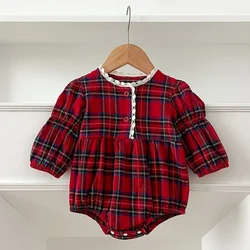 Christmas New Infant Baby Girl Bodysuits Long Sleeved Cotton Red Grid Newborn Baby Girl Jumpsuit New Year Party Children Clothes