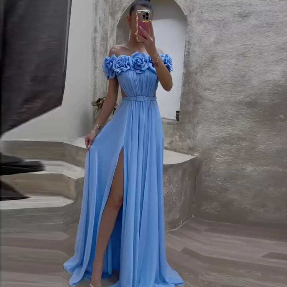 Customized Solid Color Strapless Prom Gown Boat Neck With Belt Pleated A-line Evening Dress Hollow Flower Formal Party Dresses