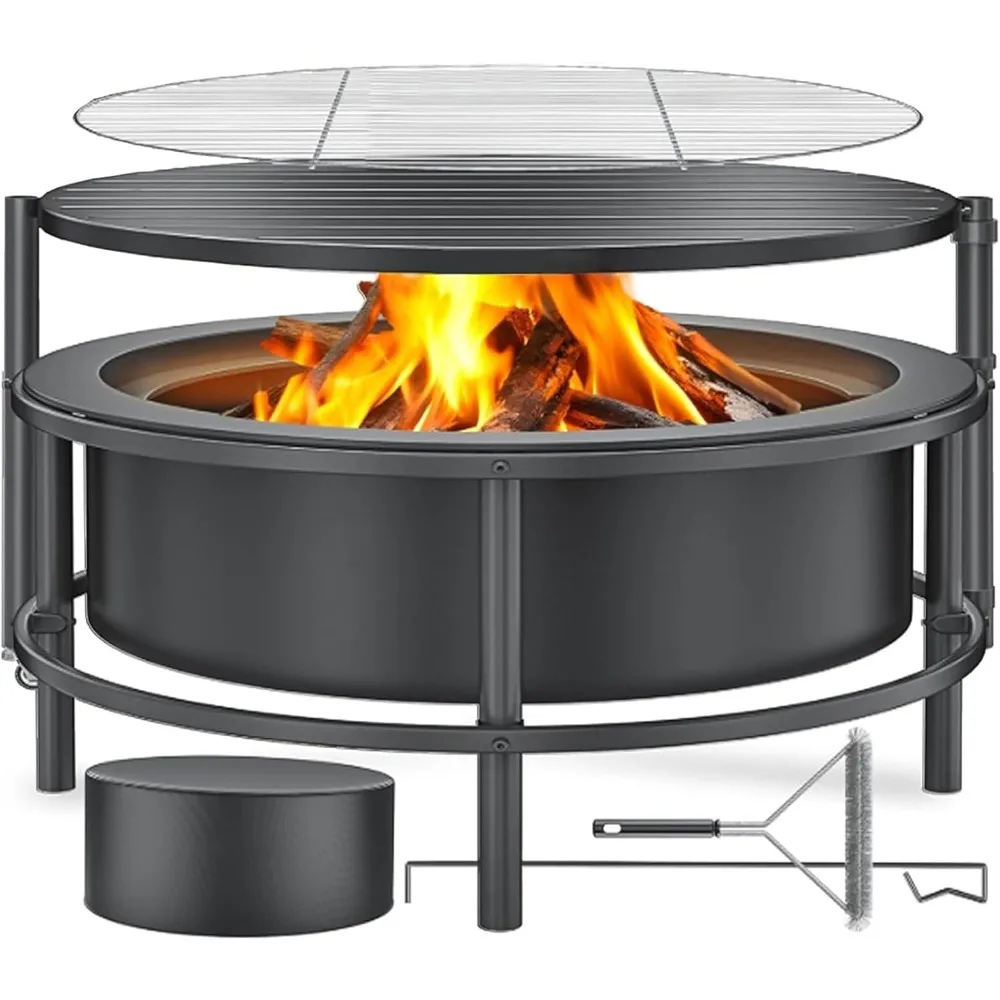 

Fire Pits for Outside Wood Burning, 52" Large Outdoor Fire Pit Stove with Roating Table and BBQ Grill, Cold Finished Steel Round