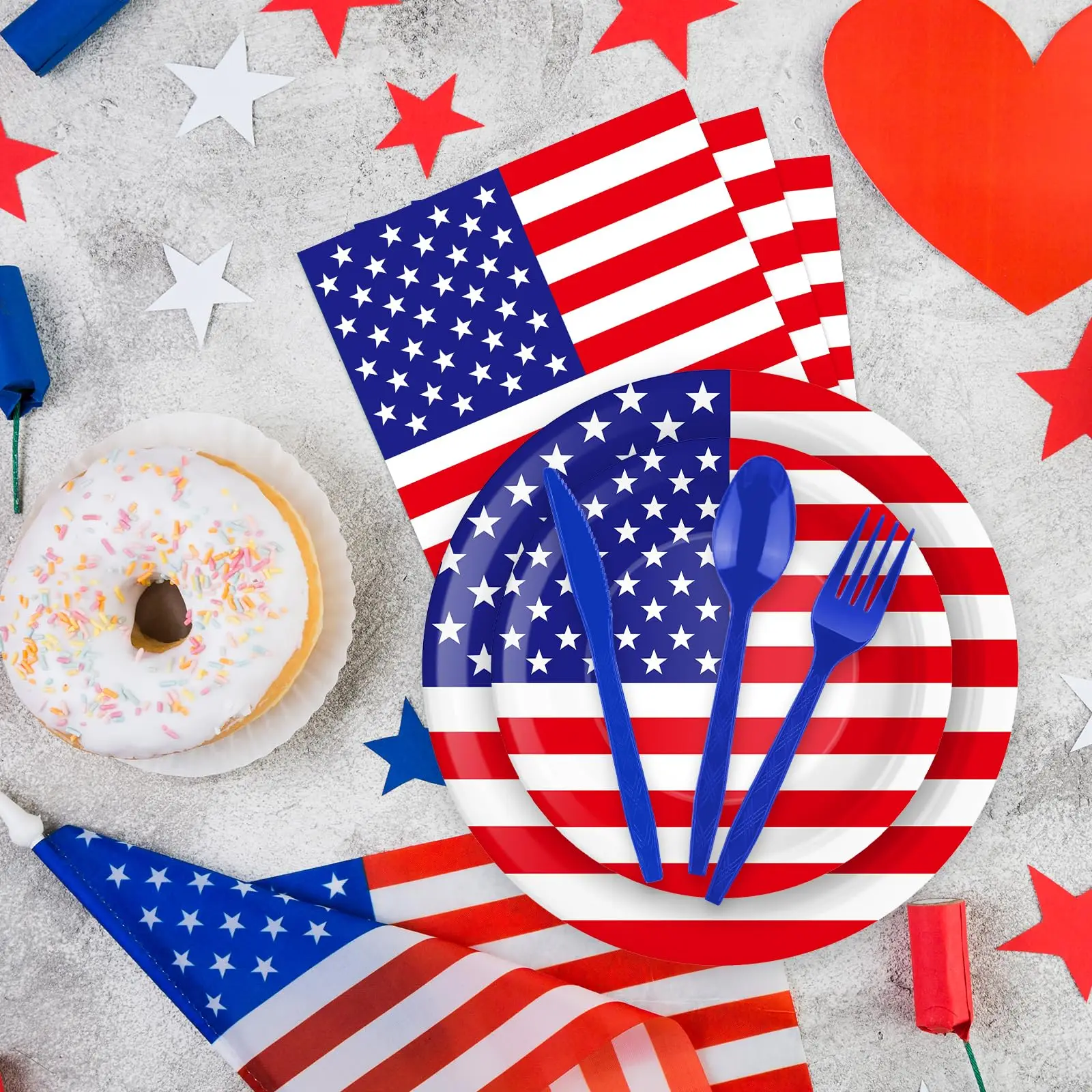 Partyzubehör zum Unabhängigkeitstag, amerikanische Flagge, Geschirr, USA-Teller, Tassen, Servietten, Gabeln, Löffel für Party-Dekoration zum 4. Juli, USA – Detail 2