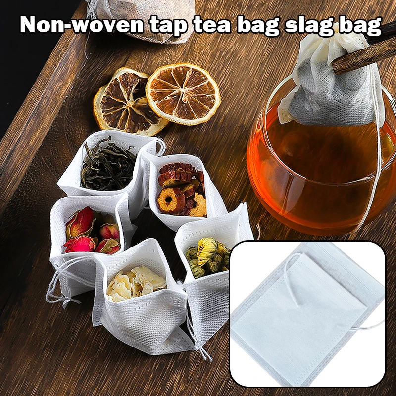 100pcs Disposable Teabag Non-Woven Fabric Tea Filter Bag For Spice Tea With Drawstring Sealed Kitchen Teaware Herb Loose Teabags