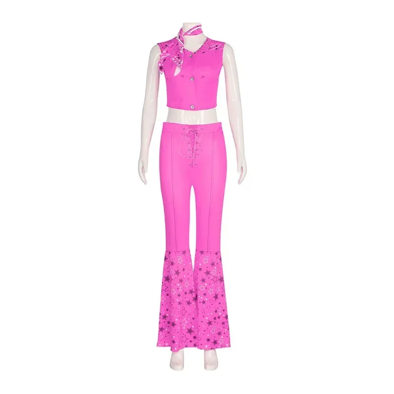 Movie Margot Robbie Barbie Costume Sexy Starry Pink Vest Top Pants Scarf Suit for Women Ladies Halloween Party Clothes