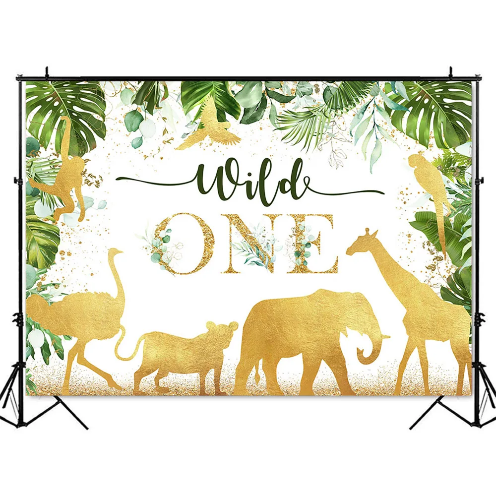 Arrière-Plan pour Photo d'Anniversaire Thème Safari Junlge, Feuilles Vertes, Animaux du Zoo, Décorations pour 1er Anniversaire