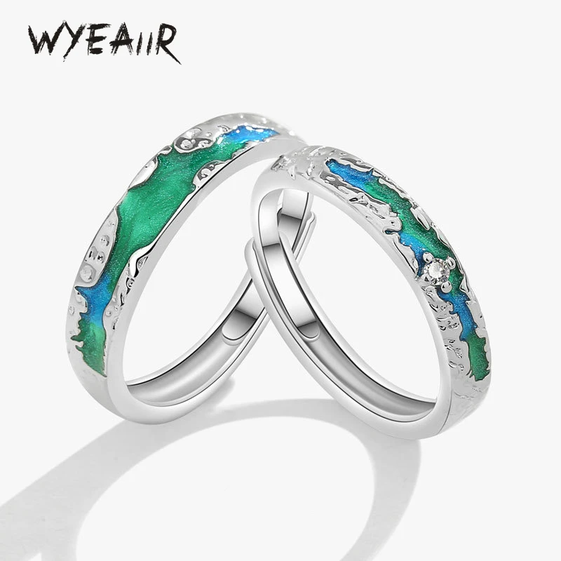 

WYEAIIR Valentine's Day Gift 925 Sterling Silver Blue Drop Glaze Aurora Dream Gradient Enamel Resizable Opening Ring For Lovers