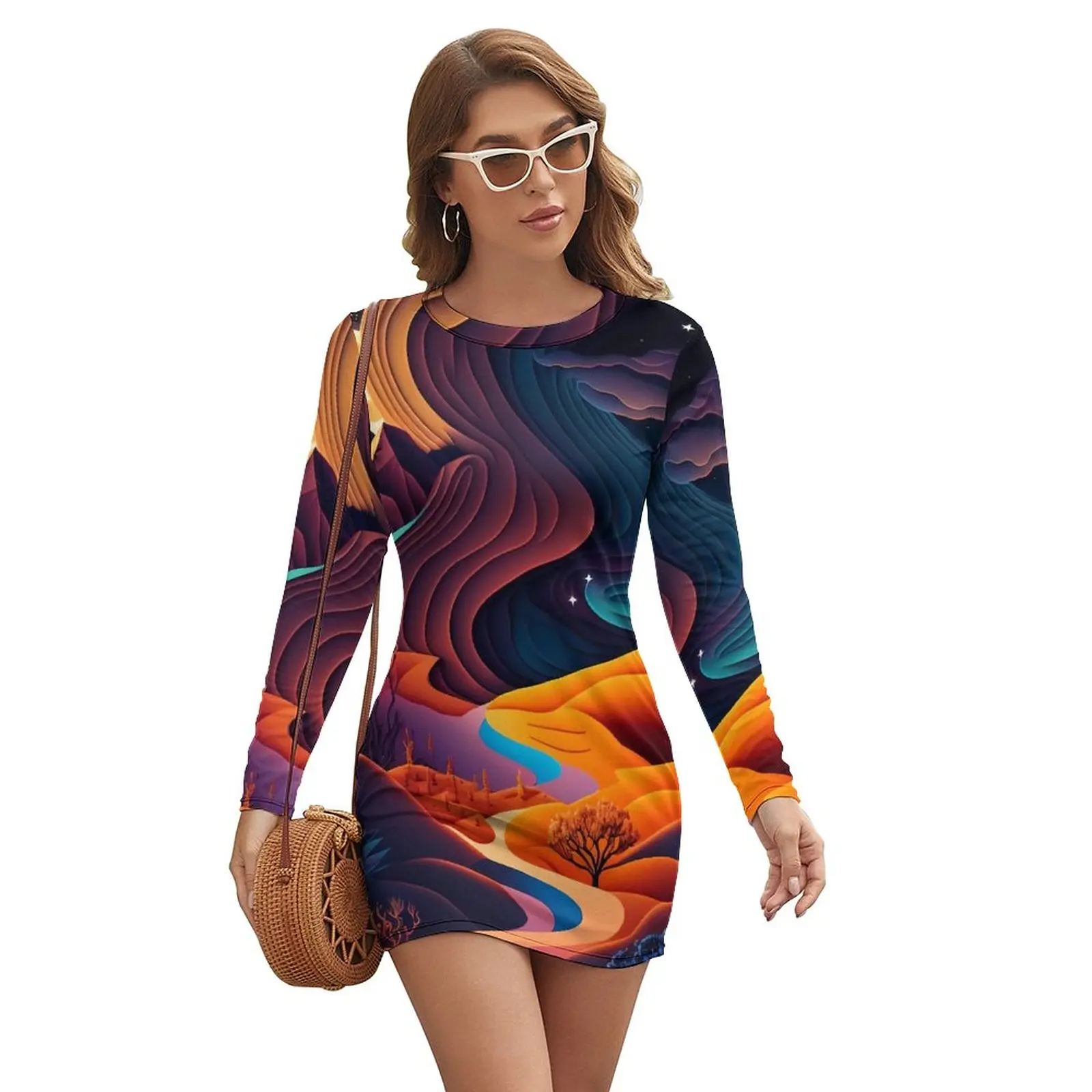 Desert At Night Bodycon Dress Summer Abstract Nature Cute Dresses Women Long Sleeve Design Korean Fashion Dress Big Size 2XL