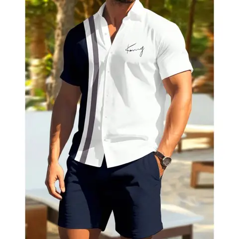 Men Shirt Sets Vintage Stripe Leaf Lapel Short Sleeve Casual Shirt Beach Shorts Summer Streetwear Hawaiian Suits Loose Clothing