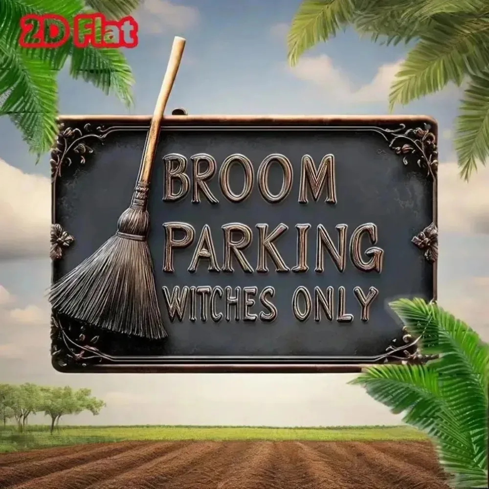 Vintage Aluminum Metal Sign Wall Decor Home Aesthetic Flair Broom Parking Witches Only