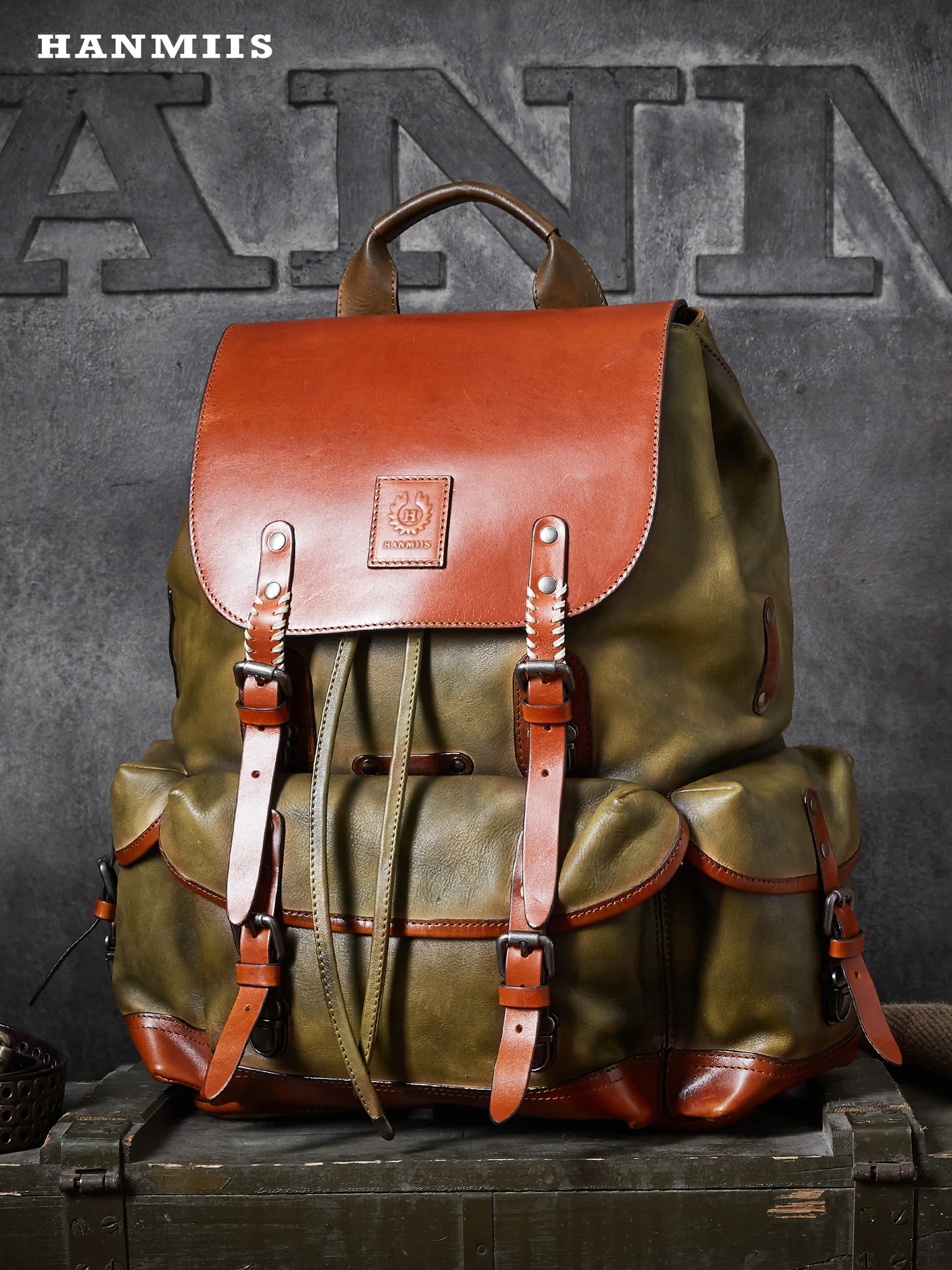 HANMIIS Pepper‑Salt Full‑Grain Leather Large‑Capacity Backpack, Genuine Leather Travel Duffel Bag for Men, Outdoor Rucksack