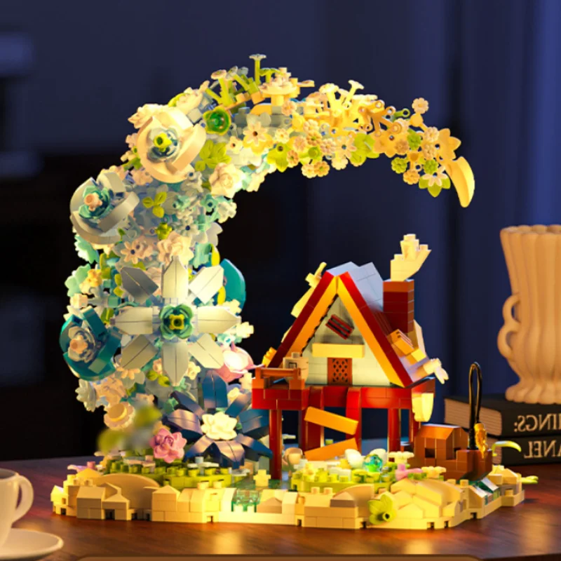 Mond Holz Blumenhaus Bausteine Mit Lichtern Märchen Kabine Modell Ziegel Kinder Spielzeug Pädagogisches Mädchen Junge Geburtstag Geschenke
