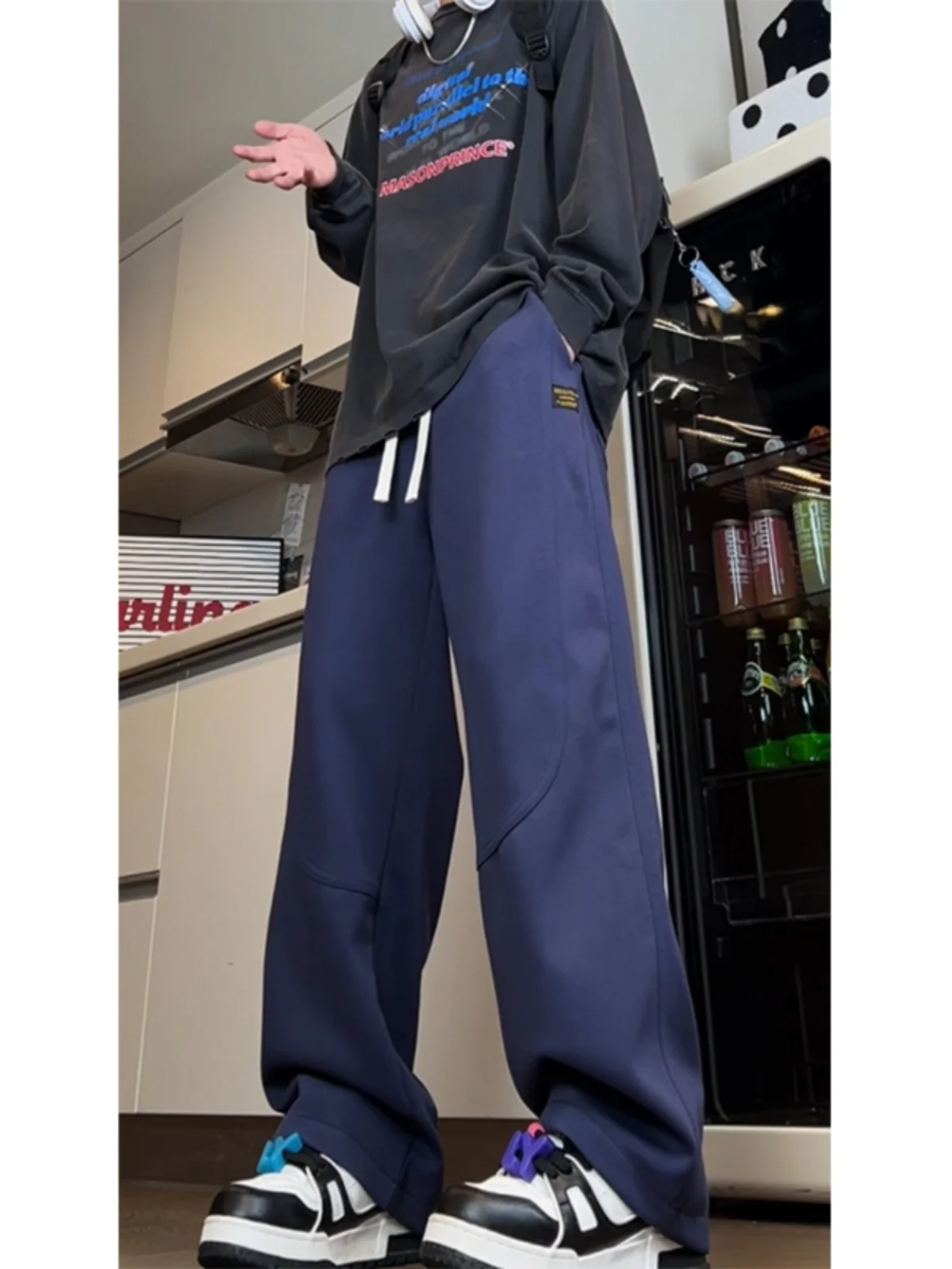 

Американские брюки со свободной талией и широкими штанинами, мужские осенние винтажные спортивные прямые длинные брюки с завязками, повседневная мода