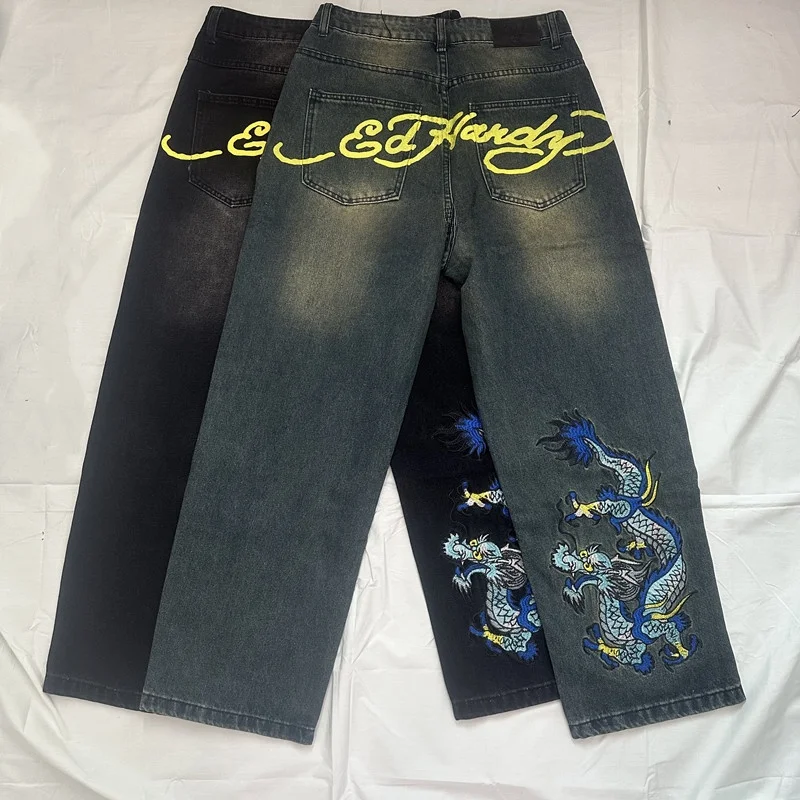 Retro American Embroidered Dragon  Long Pants Loose Skateboarding Wide Leg Pants Hip Hop Street Style Casual Jeans