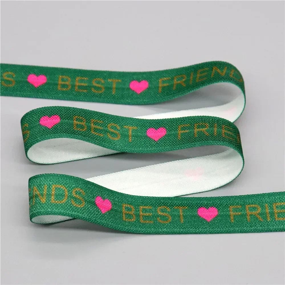 DHK 5/8\'\' 5yards Love Sun Hope Friend Printed Fold Elastic FOE Stretch Ribbon Accessories Craft DIY Sewing E2172