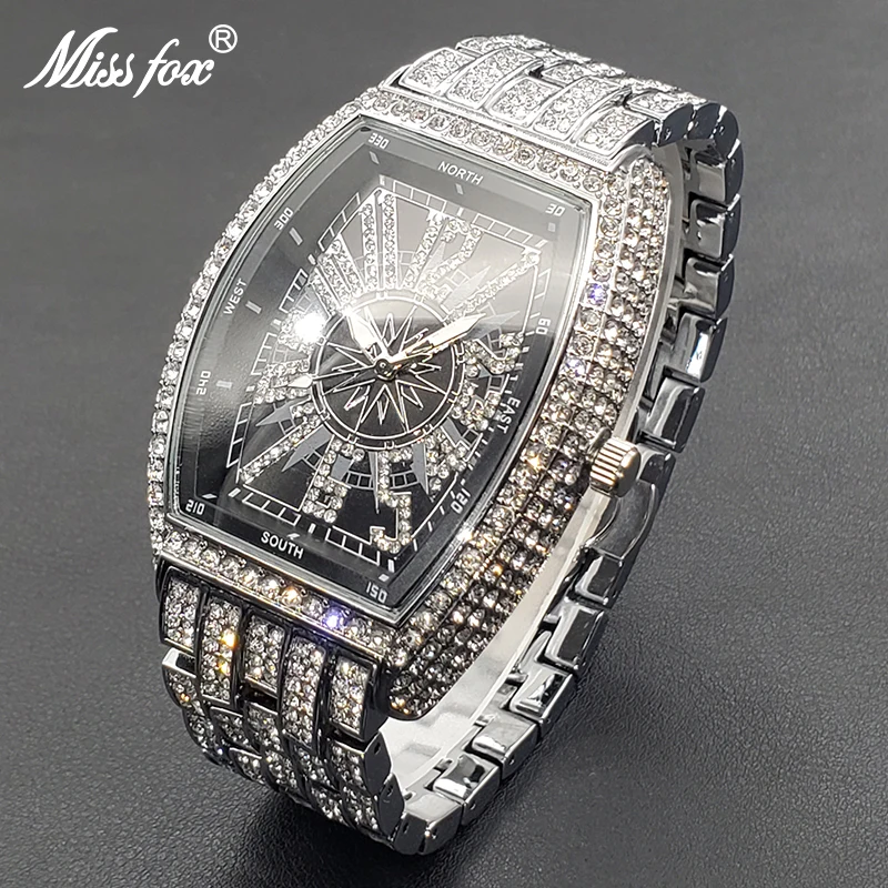 Classic 55mm Black Dial Wristwatch Men Famous Brand Diamond Silver Quartz Watch Original Ice Out Shiny Waterproof Clock 2023 New