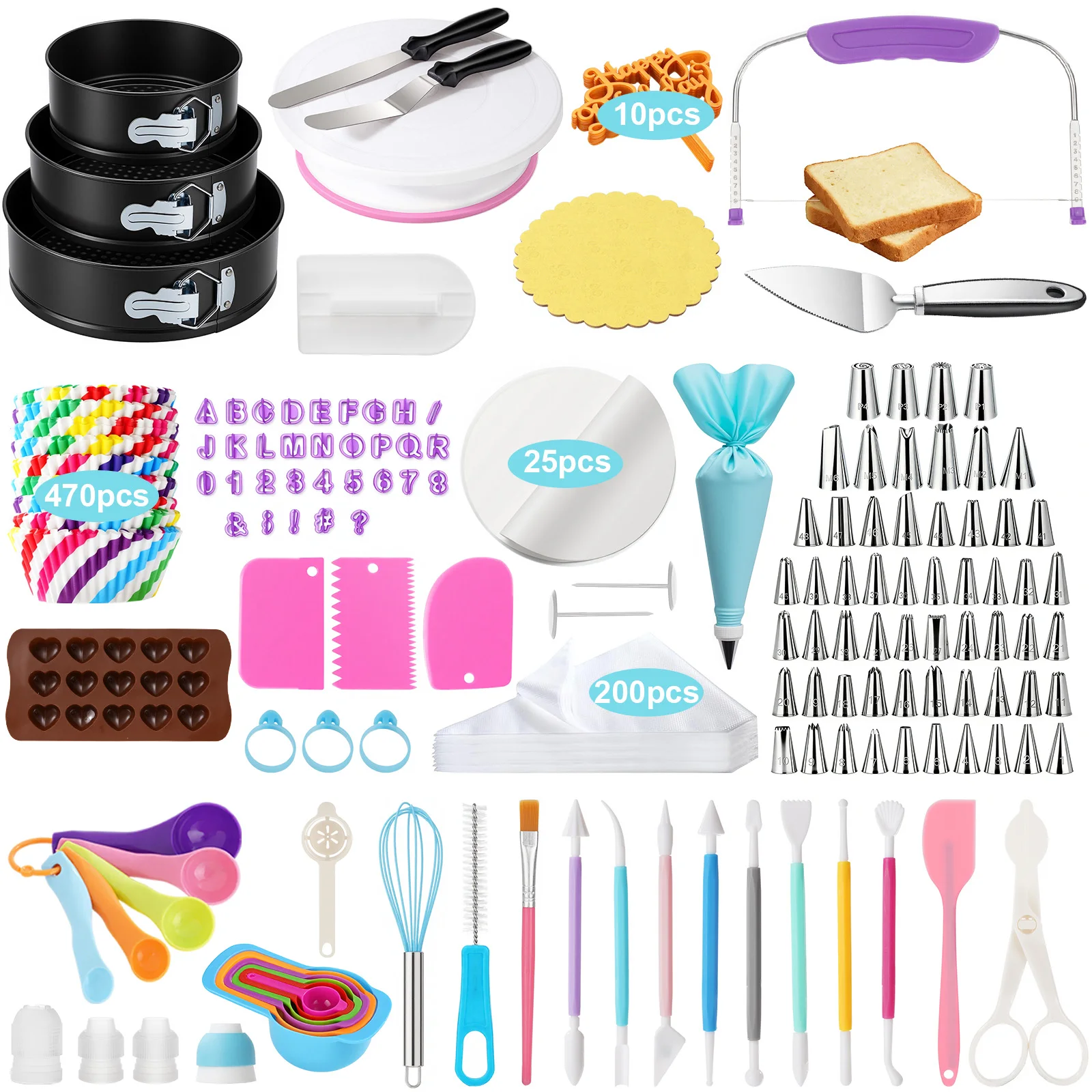 852 Pcs Cake Baking & Decorating Kit with 3 Non-Stick Springform Pans, 360° Rotating Turntable, 58 Numbered Piping Tips