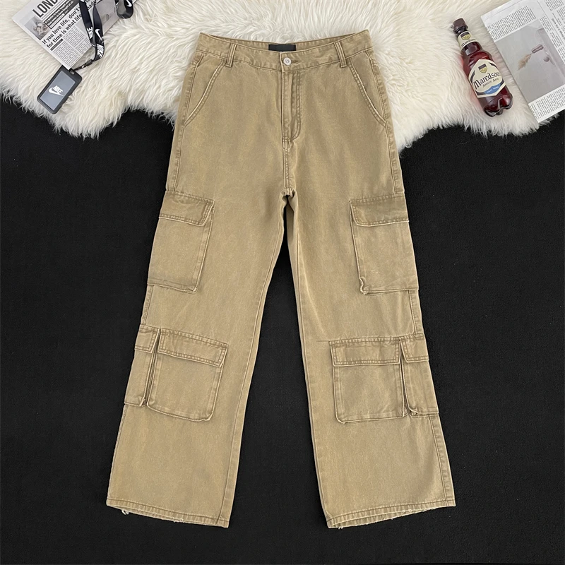 

Khaki Workwear Style Men's Jeans Casual High Street Retro Loose Fit Long Trousers Multiple Pockets Trendy Summer Jeans