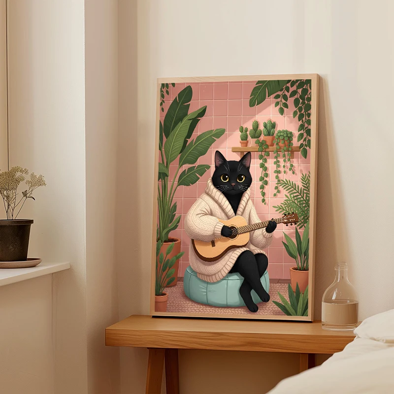 Cozy Aesthetic Green Plant Black Cat Reading Book Shaving in Bathroom Illustration Poster HD Art Wall Toilet Home Room Decor