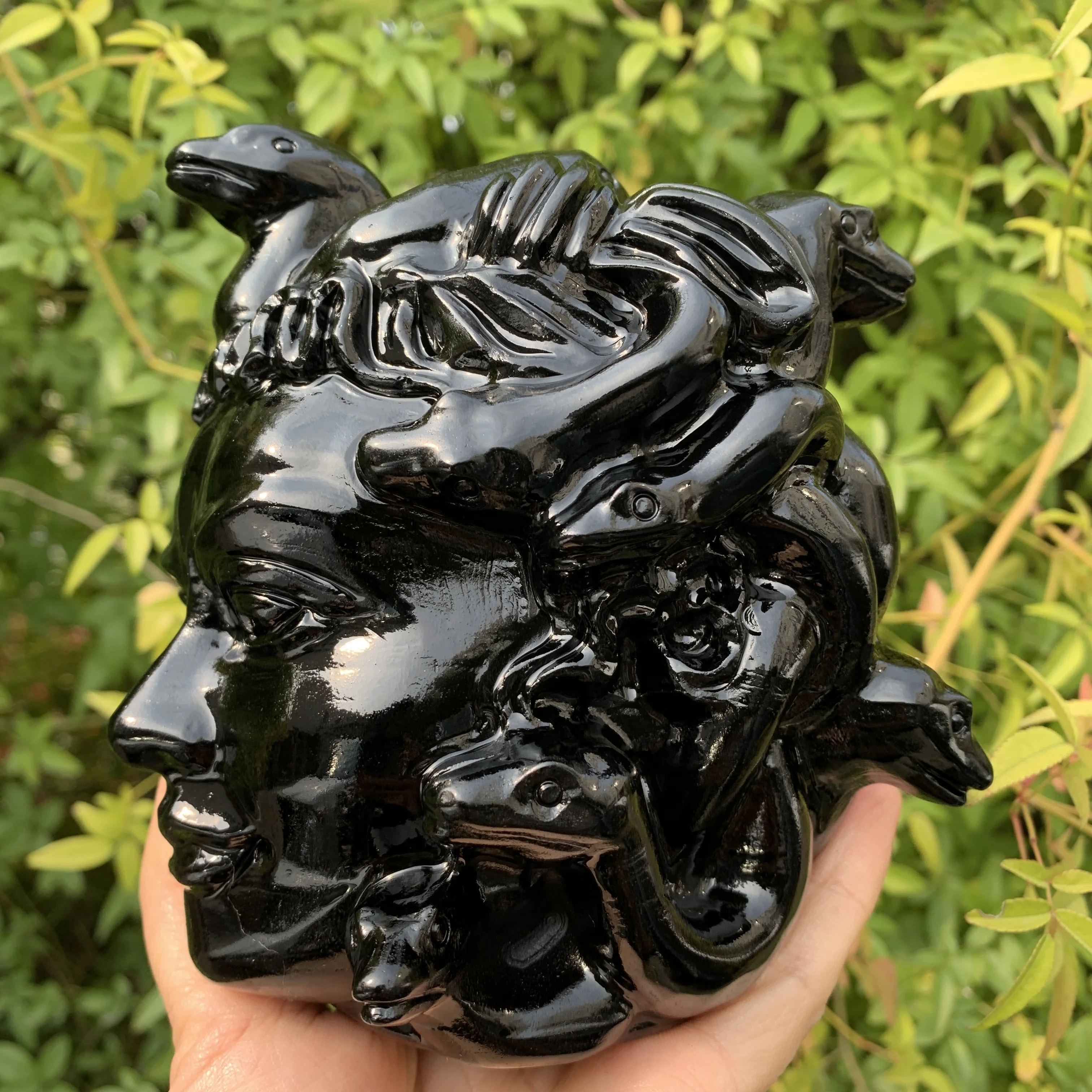 Natural Black Obsidian Carved Medusa Head Portrait Crystal Stone Statue for Wicca Decoration