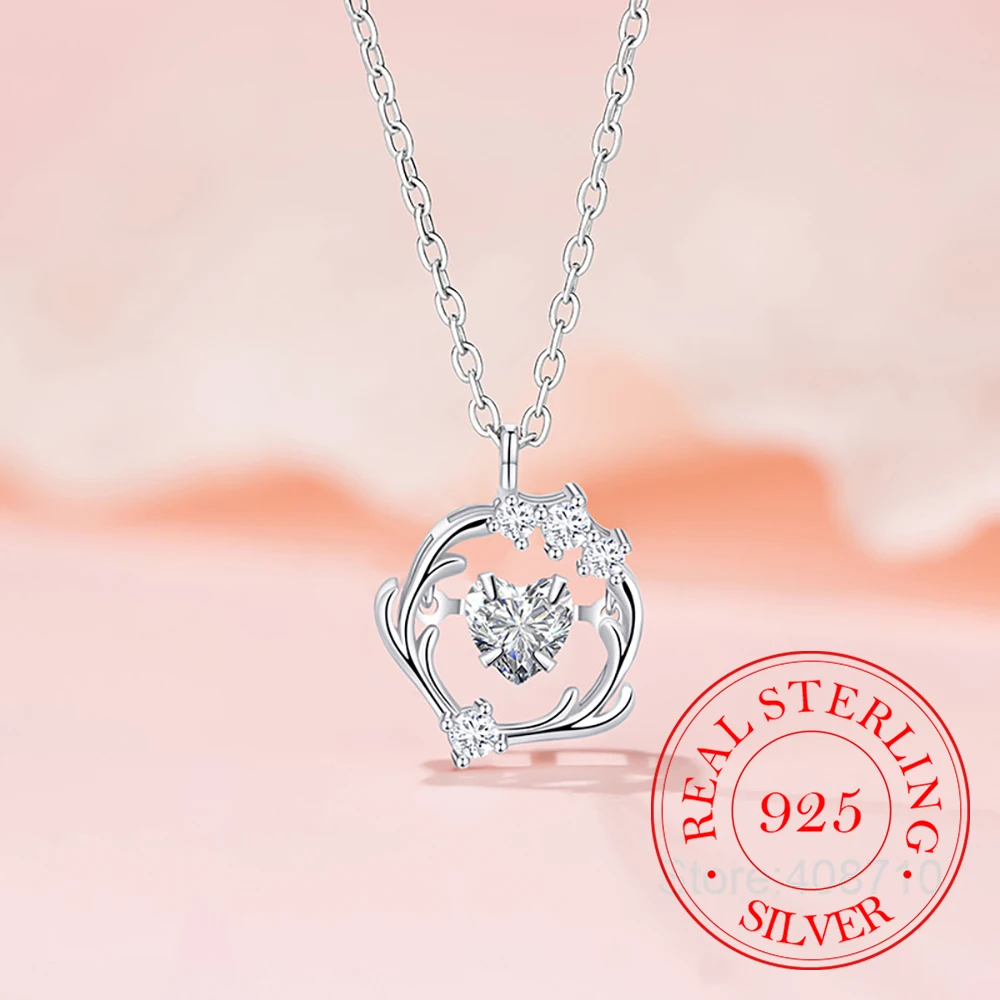 

925 Sterling Silver Jewelry Crystal Love Heart Fawn Pendant Necklace For Women Choker Chain Wedding Party Jewelry Gift