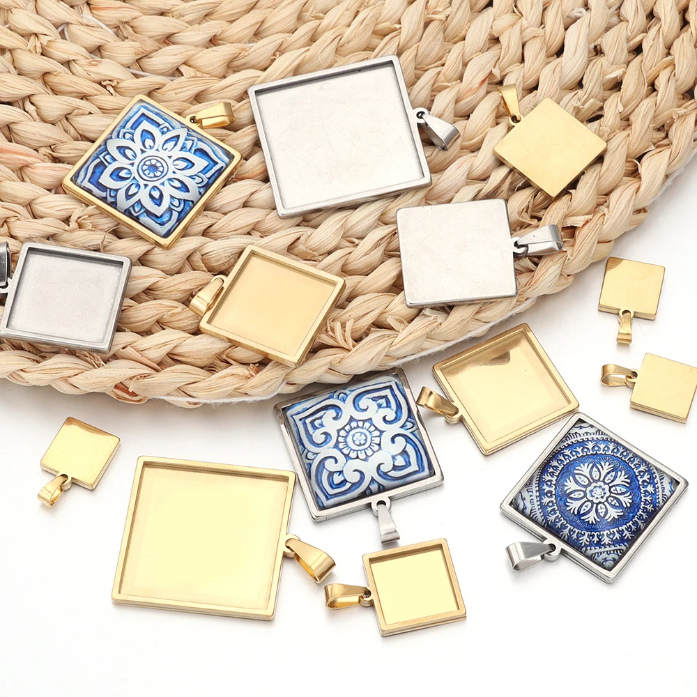 2pcs/Lot 10 15 20 25 30mm Thick Square Stainless Steel Cabochon Bases Setting Blank Bases For Pendants Tray DIY Necklace