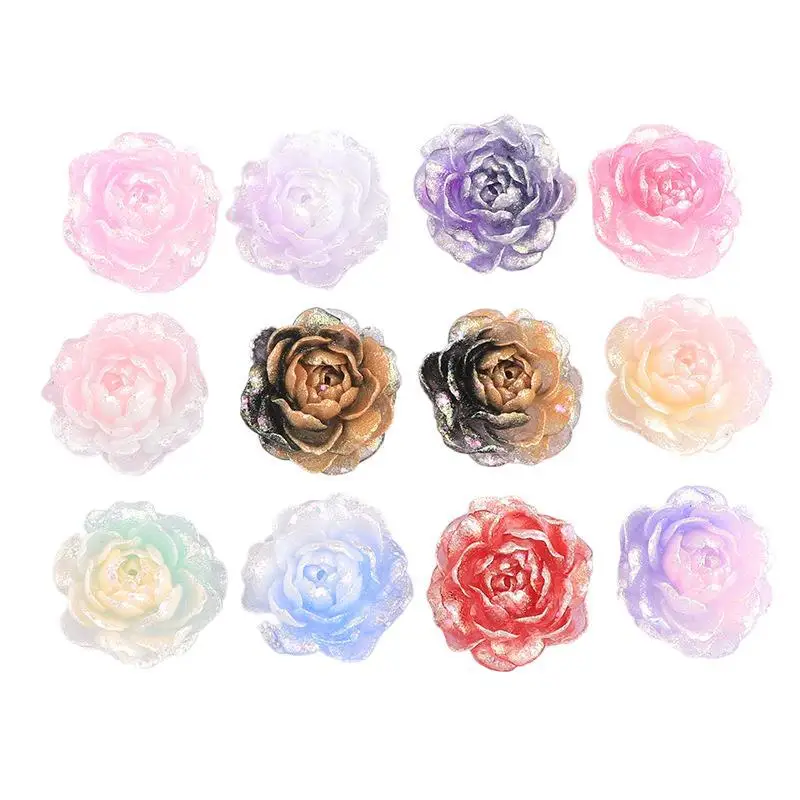 50PCS Glitter Bual Color luminous Peony Resin DIY Production Phone Cases Bags Shoe Buckles Decorative Materials Mixed
