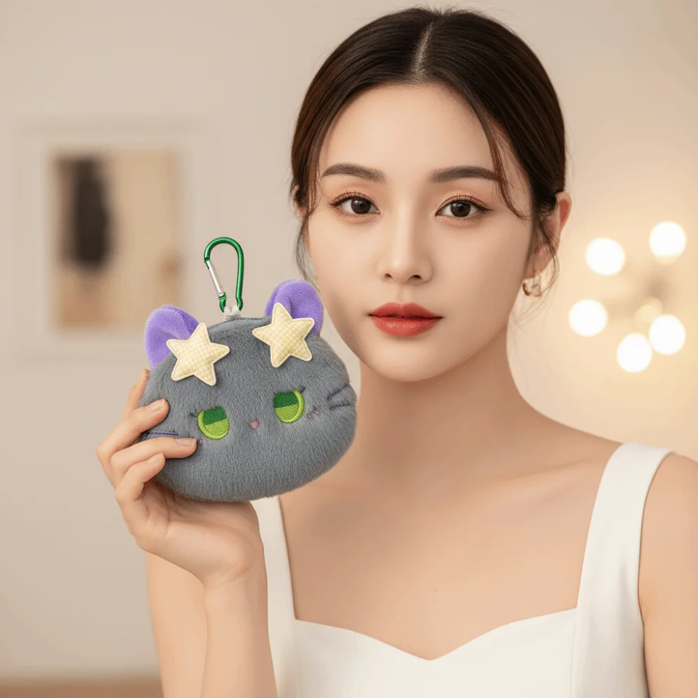 Star Decor Cat Coin Purse Compact Size Faux Fur Mini Wallet Fabric Cute Embroidery Cartoon Animal Pouch Cute