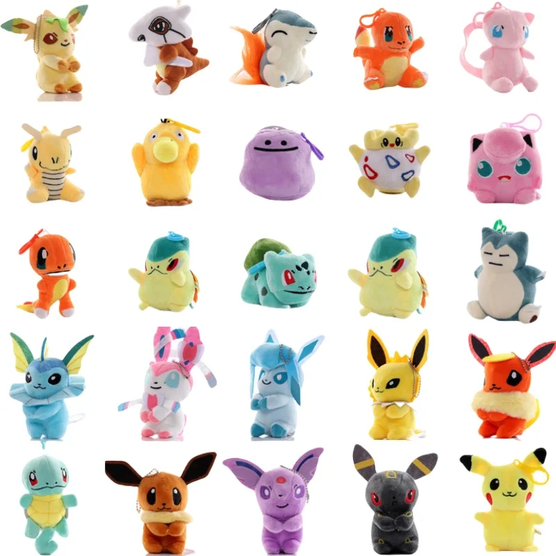 20pcs Plush Dolls Keychain 10-15cm Pendant Psyduck Eevees Bulbasaurs Squirtles Charmanders Toys Gift