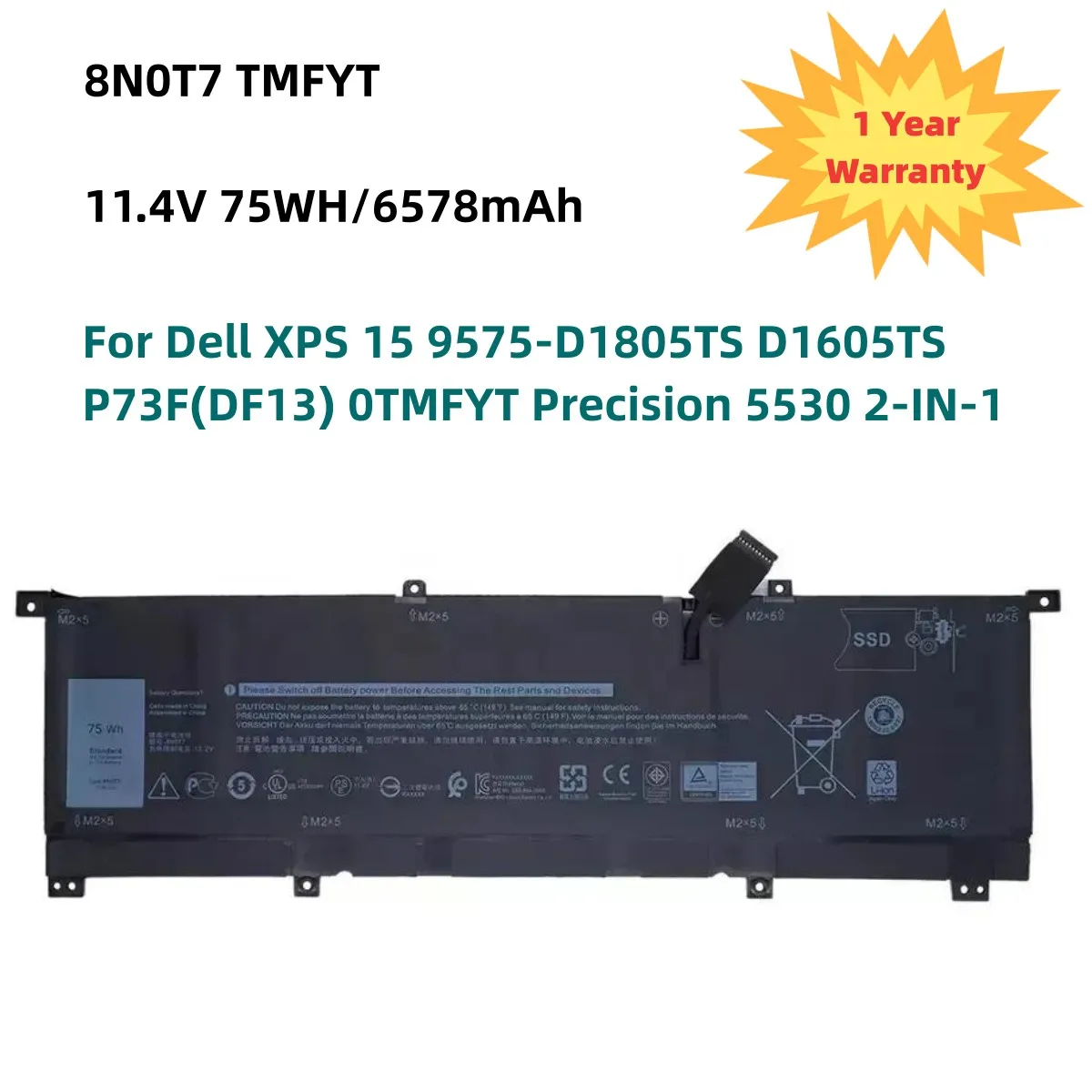 8N0T7 75Wh P73F Laptop Battery For DELL Precision 5530 2-in-1 XPS 15 9575 2-in-1 Series Notebook TMFYT 11.4V 6578mAh