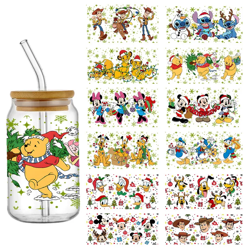 Disney Stitch Christmas Stickers UV DTF Cup Wrap Transfers Stickers 16oz Libbey Glass Tumbler Can Selfadhesive Waterproof Decal