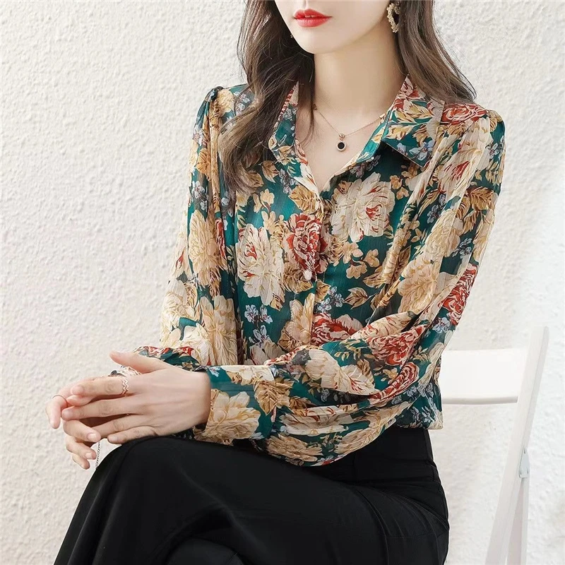 Women Floral Print Vintage Chic Button Up Shirt Korean Fashion Streetwear Loose Blouse Casual Lantern Long Sleeve All Match Tops