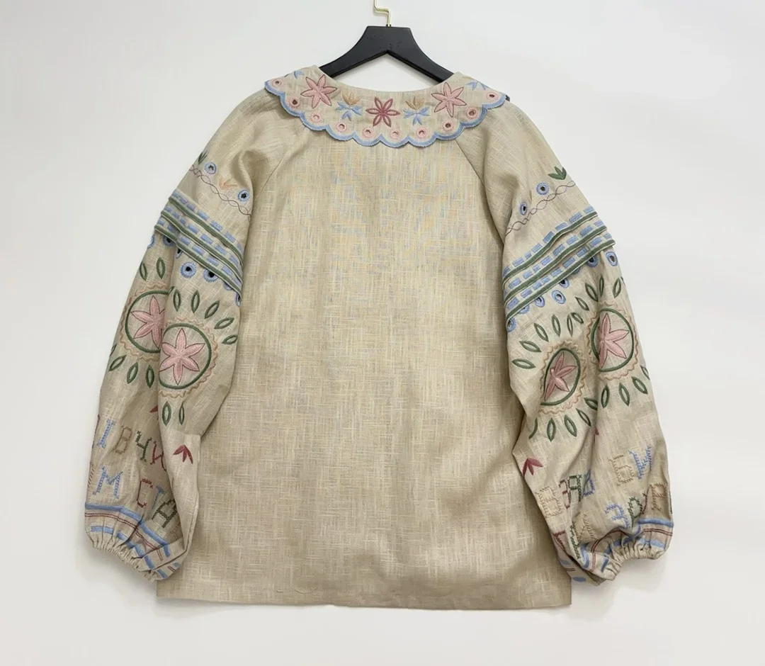 女性用リネンブラウス,刺繍入りフラワー,プランネック,長袖,シングルブレスト,カジュアルシャツ,100% リネン