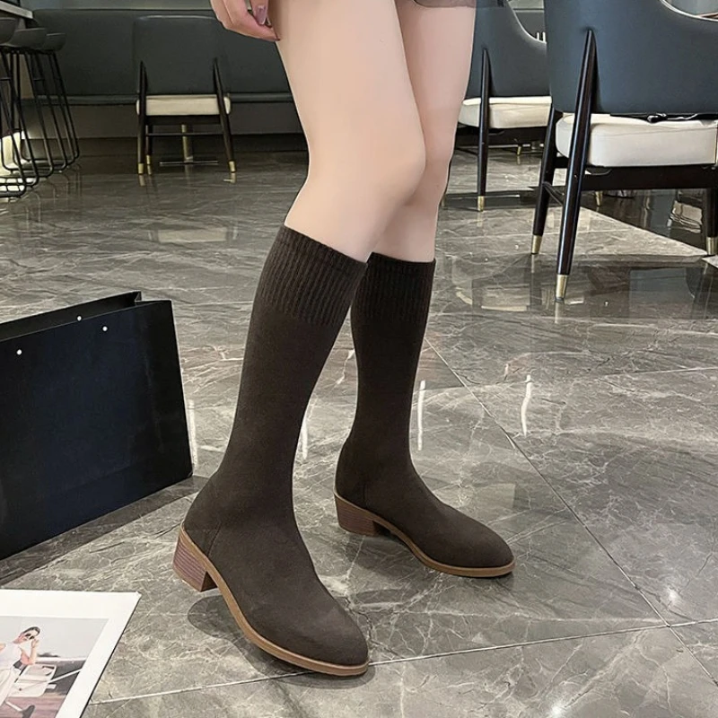 Elastic Pointed Toe Half High Sock Boots for Women Spring Autumn Middle Heel Mid Calf Shoes Woman Trend 2025 Gyaru Goth Footwear