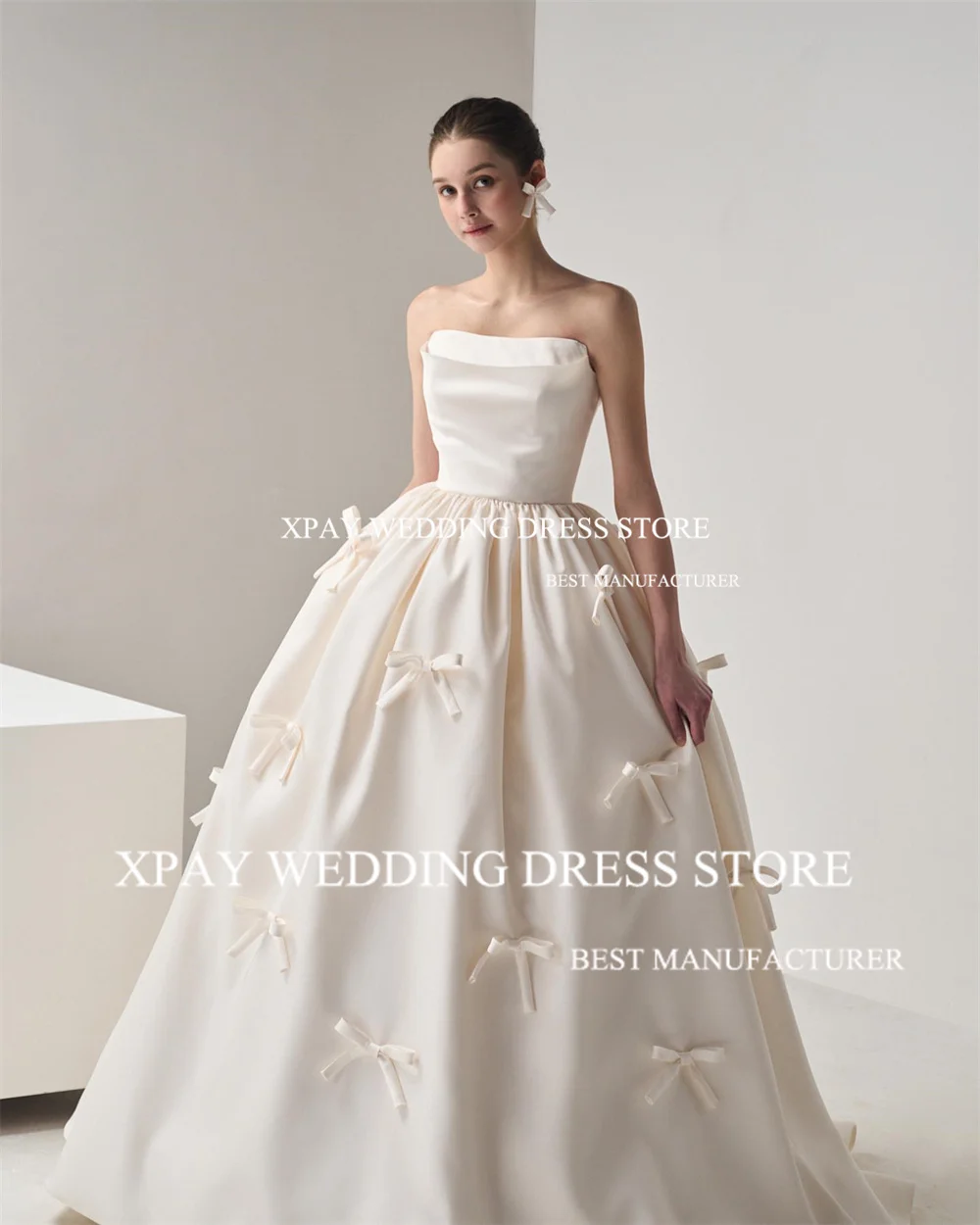 XPAY unico collo in raso elegante abito da ballo fiocco Appliques pieghe abiti da sposa fotografia spara senza maniche abito da sposa senza schienale