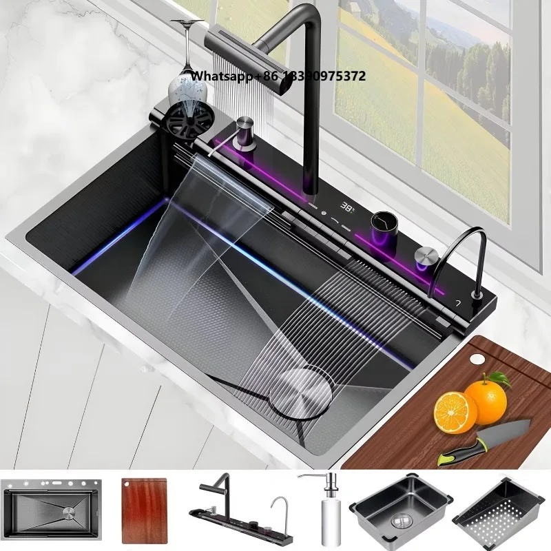 Modern Farmhouse 31.5 Inch Stainless Steel Kitchen Sink Smart Waterfall Undermount Workstation 4-1 Faucet Single Bowl Fregaderos