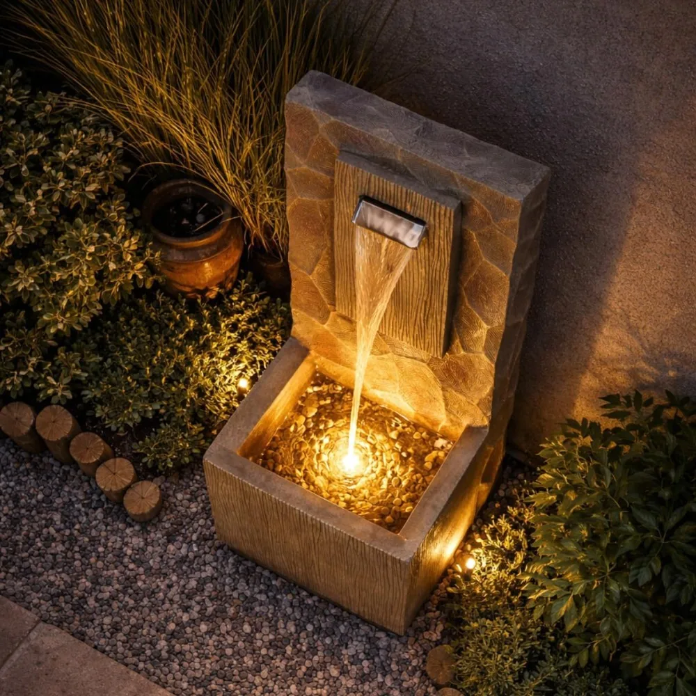 

US Shipping Outdoor Waterfall Fountain with LED Light Adjustable Flow Electric Pump Brown