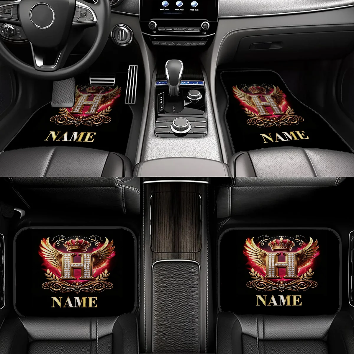4pcs Custom Letter Car Floor Mats With A Crown And The Letter H. Suitable For Sedans, Trucks, And SUVs. High-end Car Accessories