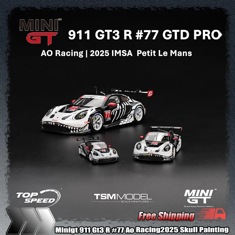 

Новый Minigt-1143 1:64 911 GT3 R # 77 Ao Racing 2025 Lmsa Petit Le Mans, миниатюрные литые рождественские игрушки из сплава с черепом, подарки
