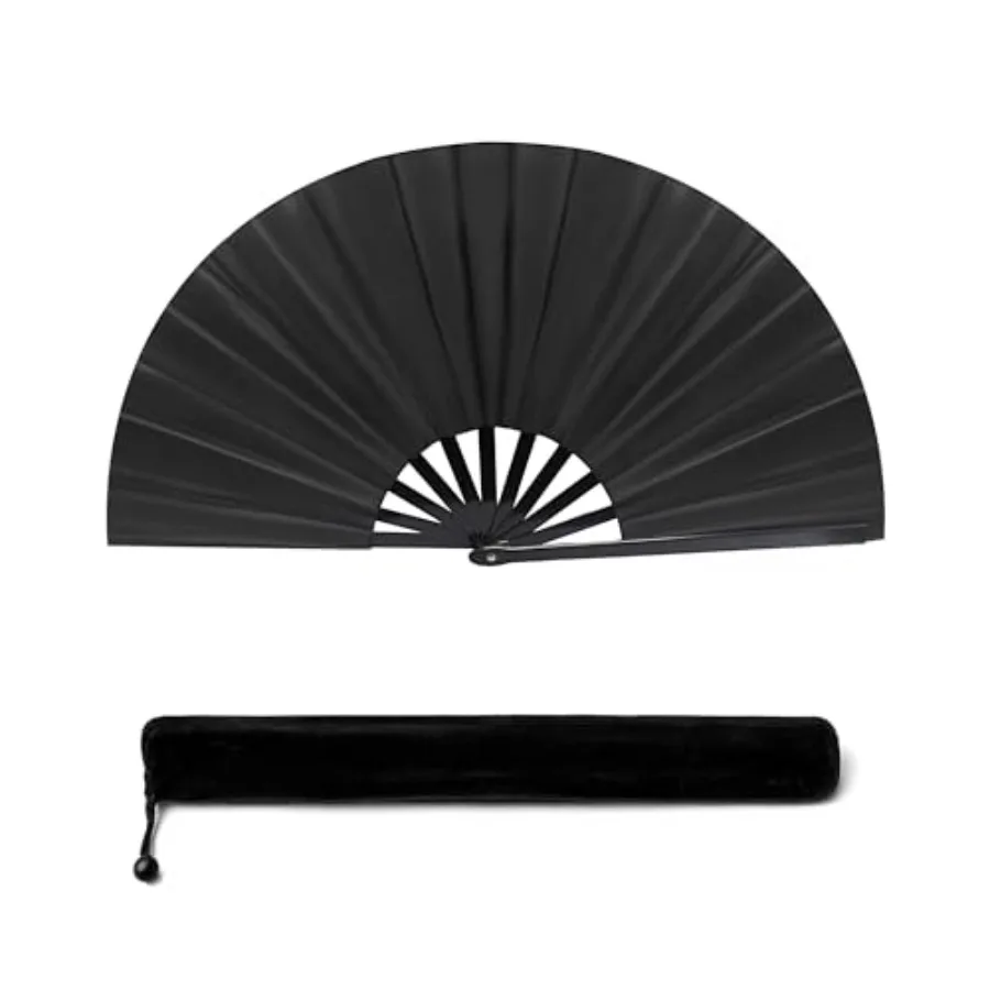 

13IN Black Large Popping Hand Fan for Line Dancing Clacking Premium Silk Boots On The Ground Hand Fan Chinese Rave Fan for Wome