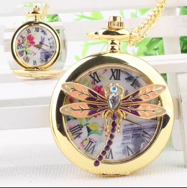 

Antique Retro fashion Dragonfly butterfly pattern quartz watch Necklace pocket watch