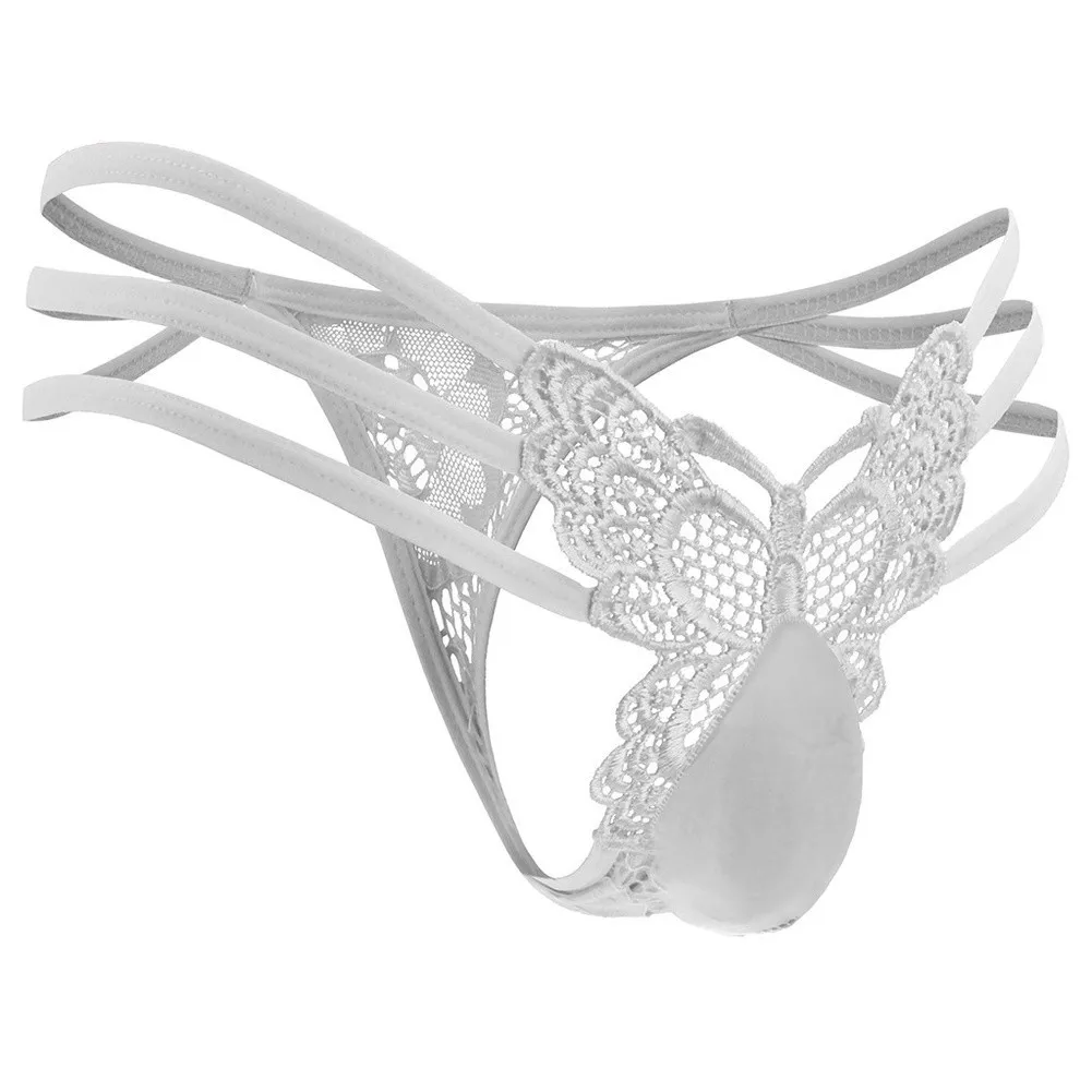 Men Butterfly Lace G String Thong Thin Strap Hollow Out Back Design Floral Embroidery Sheer Mesh Sexy Lingerie