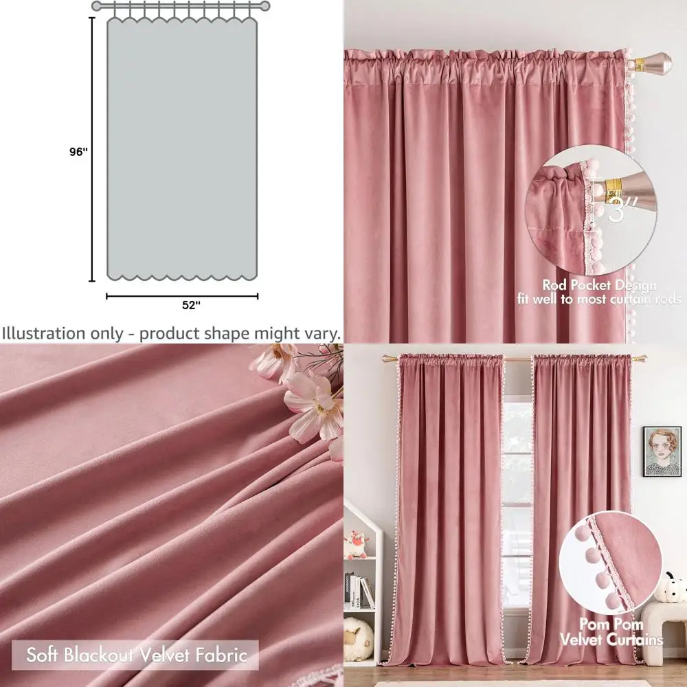 

96 штор из бархатной ткани с помпонами для детской/гостиной - затемняющие, теплоизоляционные, в стиле бохо, комплект из 2 штук